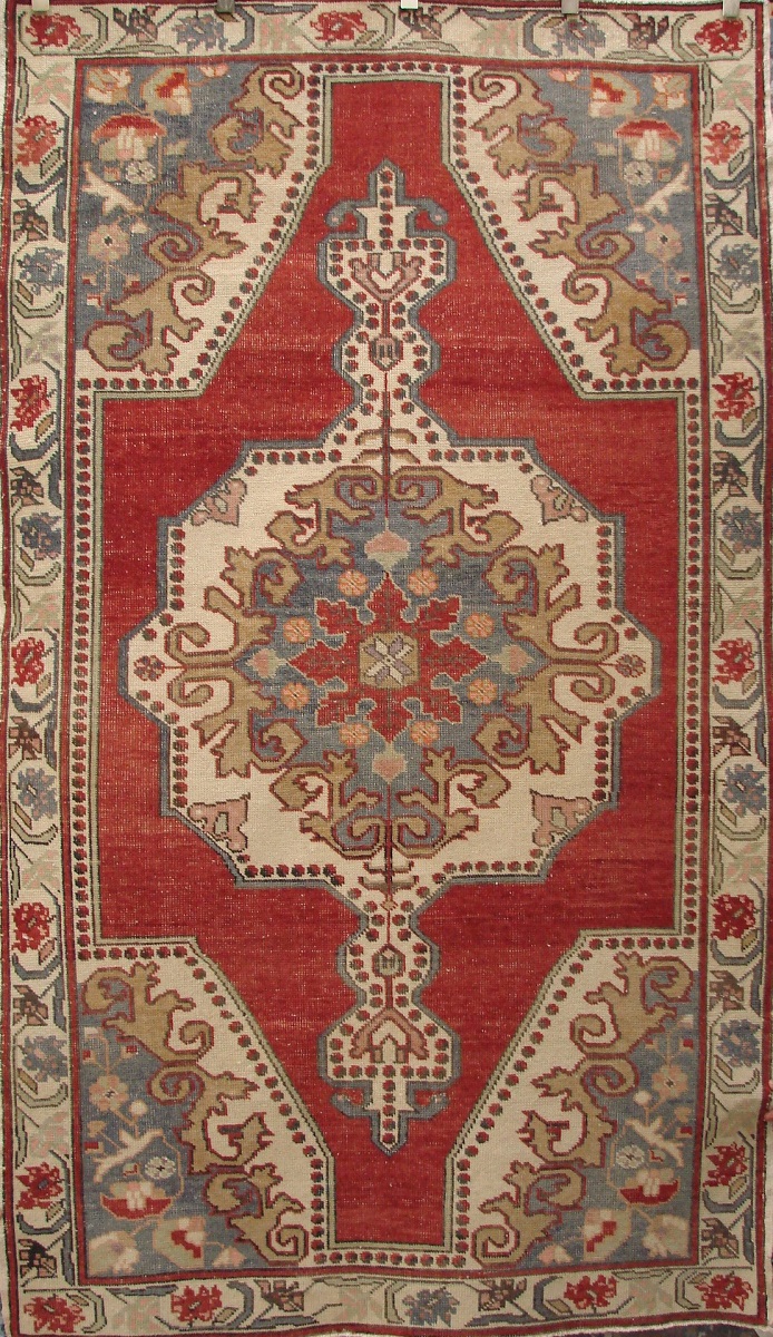 Antique Style Rugs Anatolia 022037 Red - Burgundy & Ivory - Beige Hand Knotted Rug