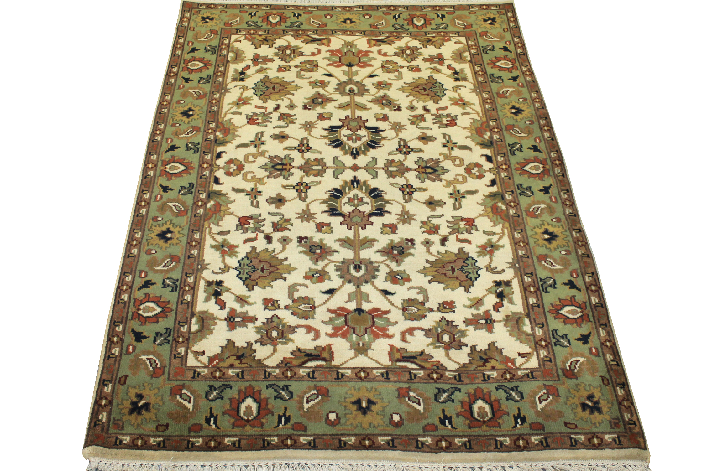 Clearance & Discount Rugs Traditional Hand Knotted Wool Rug 7524 Ivory - Beige & Green Hand Knotted Rug
