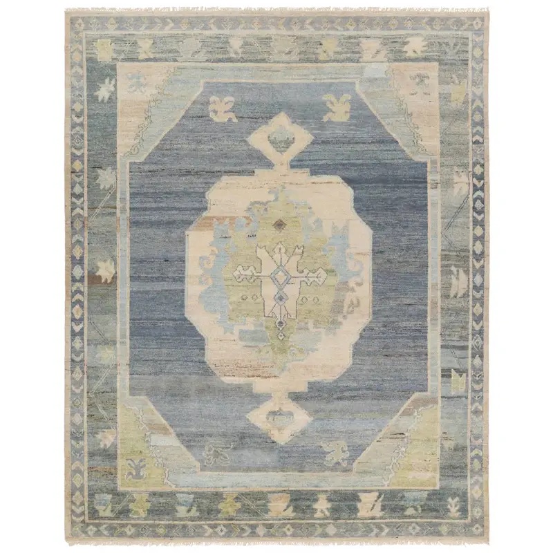 Traditional & Oriental Rugs Reza REZ05 Medium Blue - Navy & Green Hand Knotted Rug