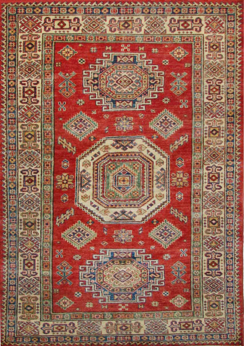Antique Style Rugs SUPER KAZAK 18437 Red - Burgundy & Ivory - Beige Hand Knotted Rug