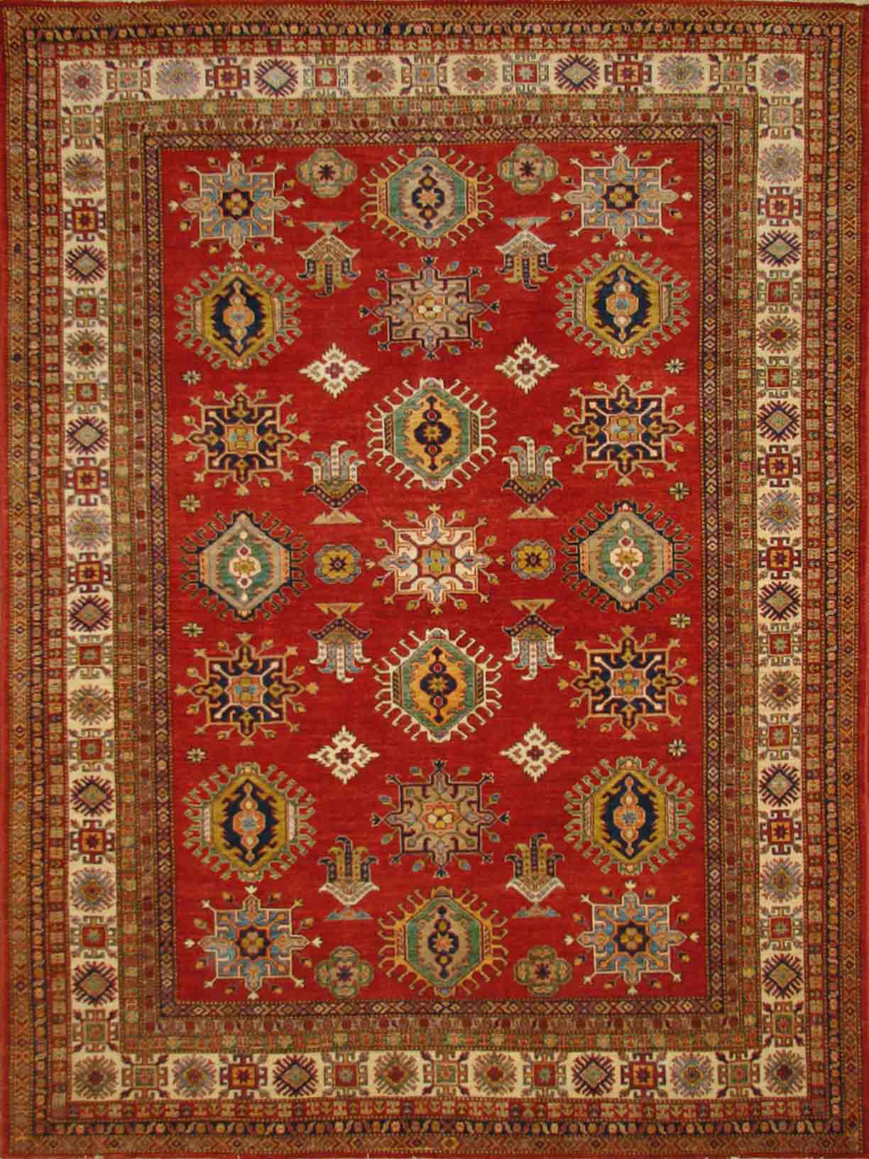Antique Style Rugs SUPER KAZAK 18428 Red - Burgundy & Ivory - Beige Hand Knotted Rug